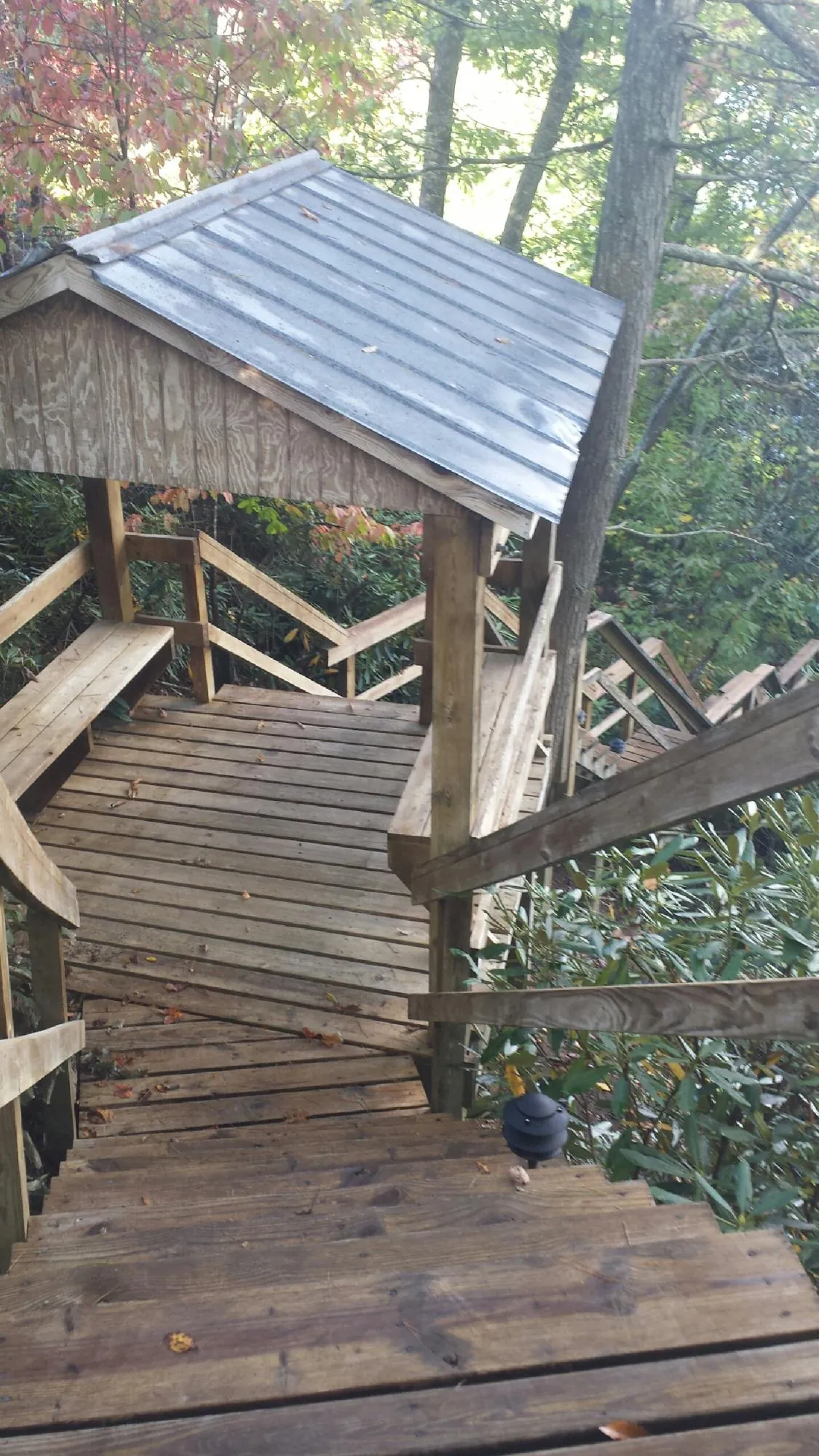 Metal roofed shelter over wooden steps on a wooded walkway — Skylight Repair & Installation work by our crew in Waconia